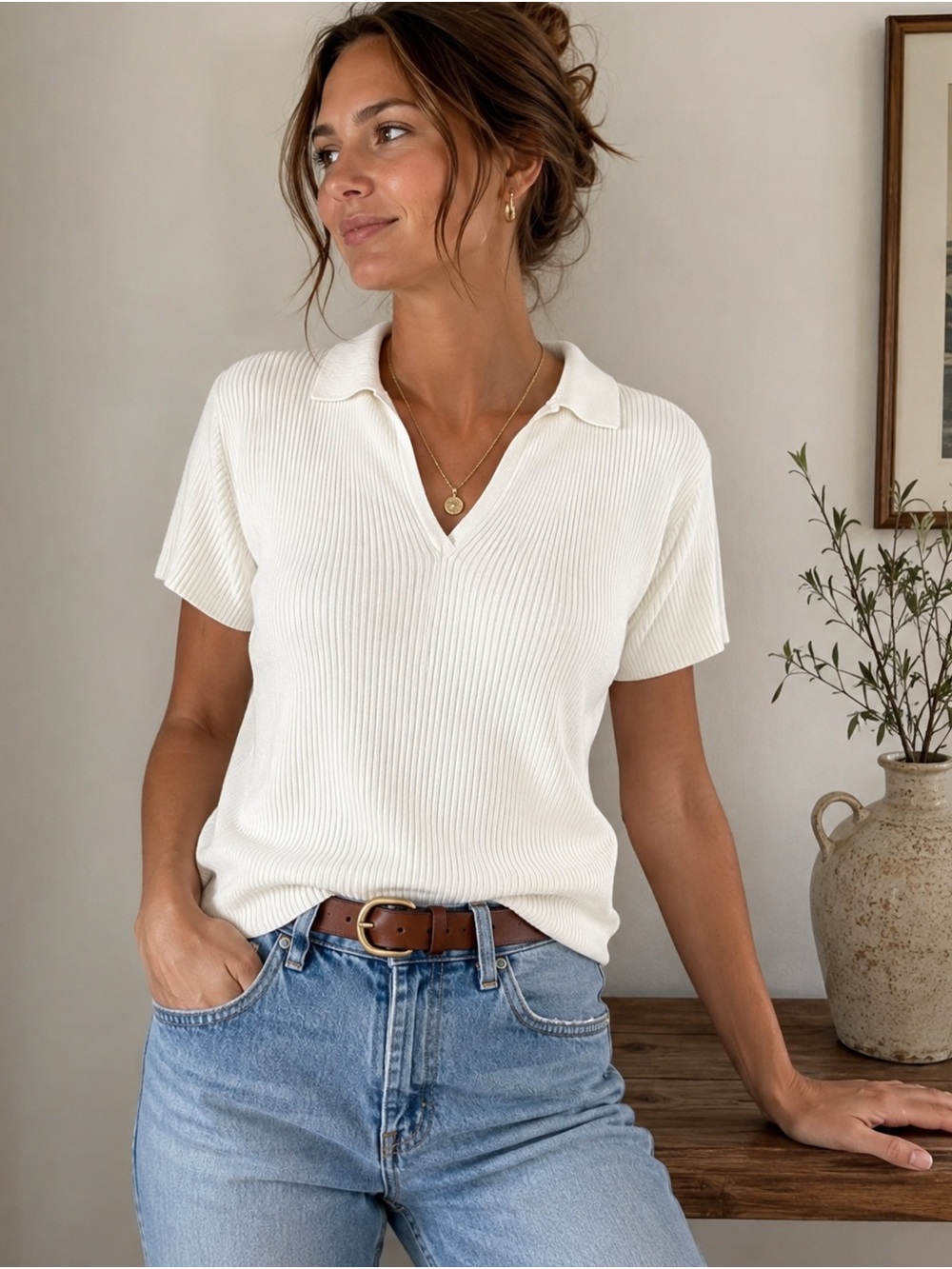 VTG 90s Bass Ribbed Knit Polo Top White 100% Cotton Preppy Minimalist
